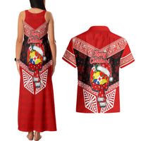 Tonga Christmas Couples Matching Tank Maxi Dress and Hawaiian Shirt Tongan Coat of Arms Santa With Ngatu Pattern Christmas Red Style LT03 - Polynesian Pride