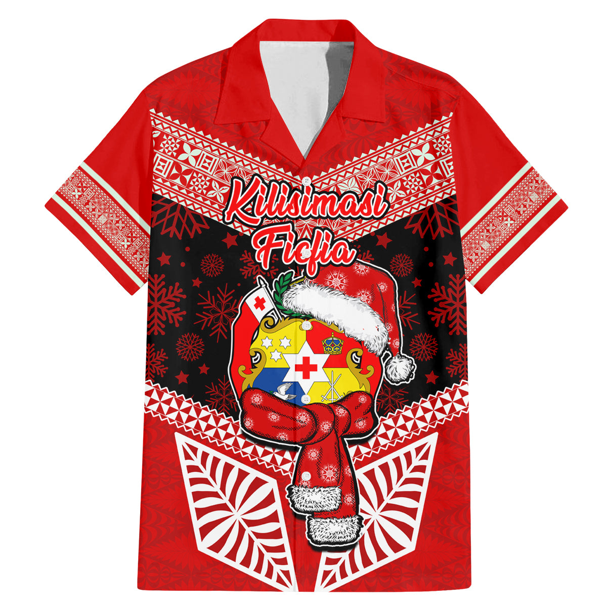 Tonga Christmas Family Matching Mermaid Dress and Hawaiian Shirt Tongan Coat of Arms Santa With Ngatu Pattern Christmas Red Style LT03 Dad's Shirt - Short Sleeve Red - Polynesian Pride
