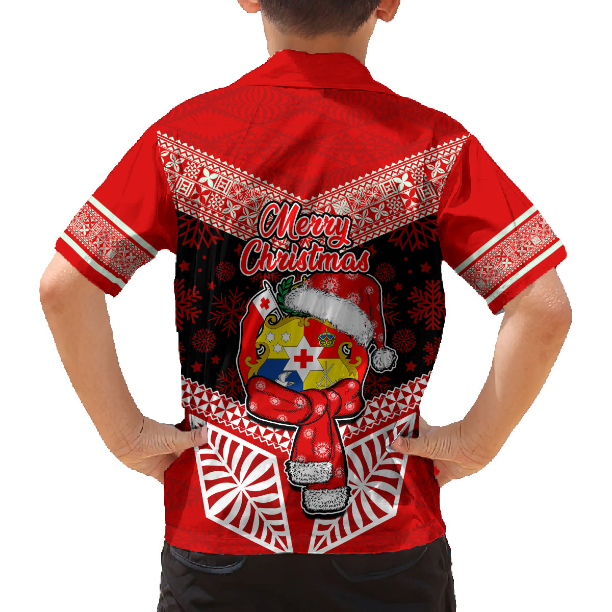 Tonga Christmas Family Matching Off Shoulder Maxi Dress and Hawaiian Shirt Tongan Coat of Arms Santa With Ngatu Pattern Christmas Red Style LT03 - Polynesian Pride