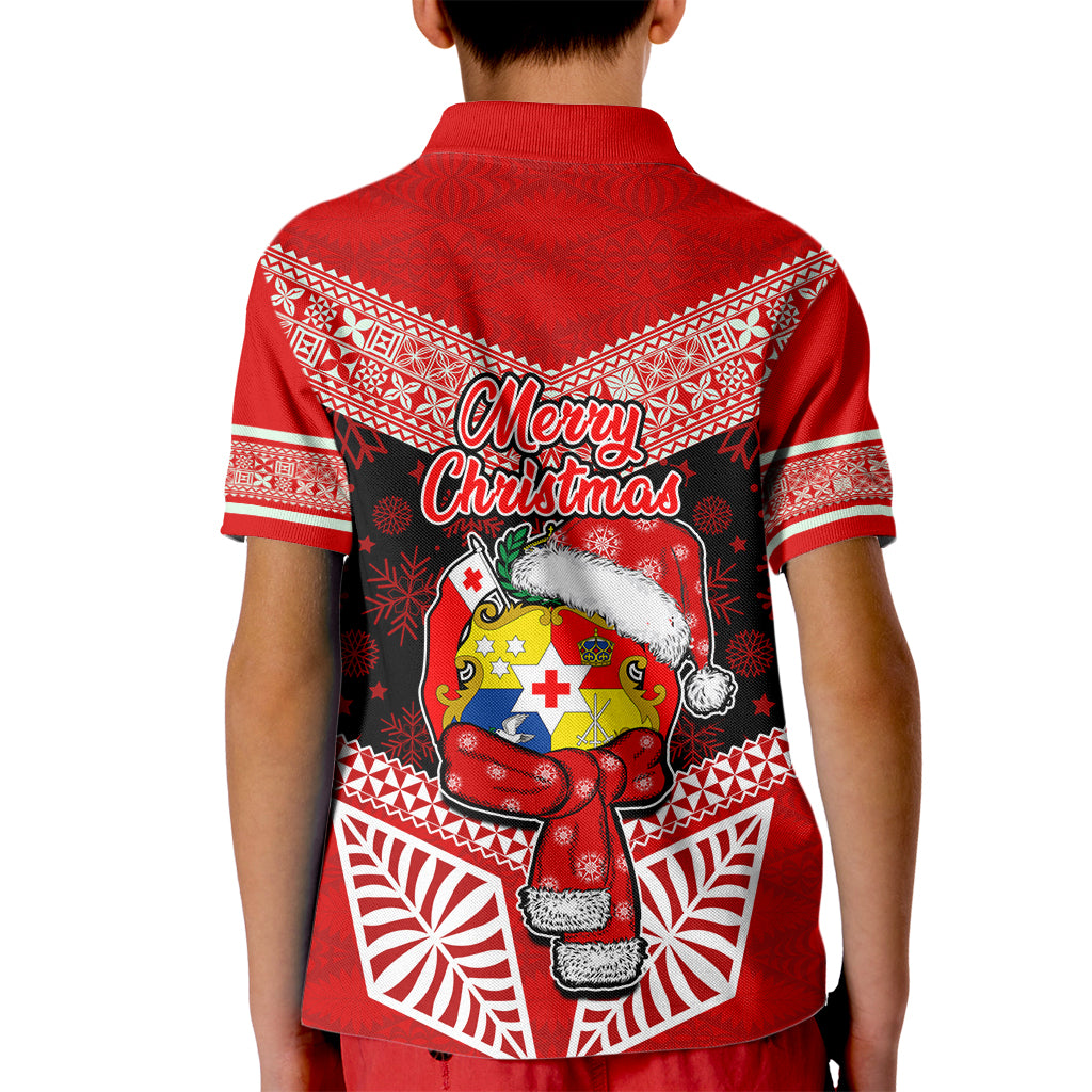 Tonga Christmas Kid Polo Shirt Tongan Coat of Arms Santa With Ngatu Pattern Christmas Red Style LT03 - Polynesian Pride