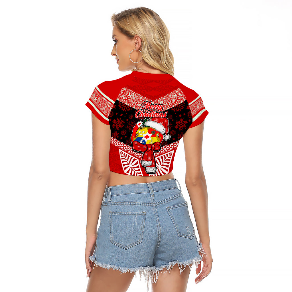 Tonga Christmas Raglan Cropped T Shirt Tongan Coat of Arms Santa With Ngatu Pattern Christmas Red Style LT03 - Polynesian Pride