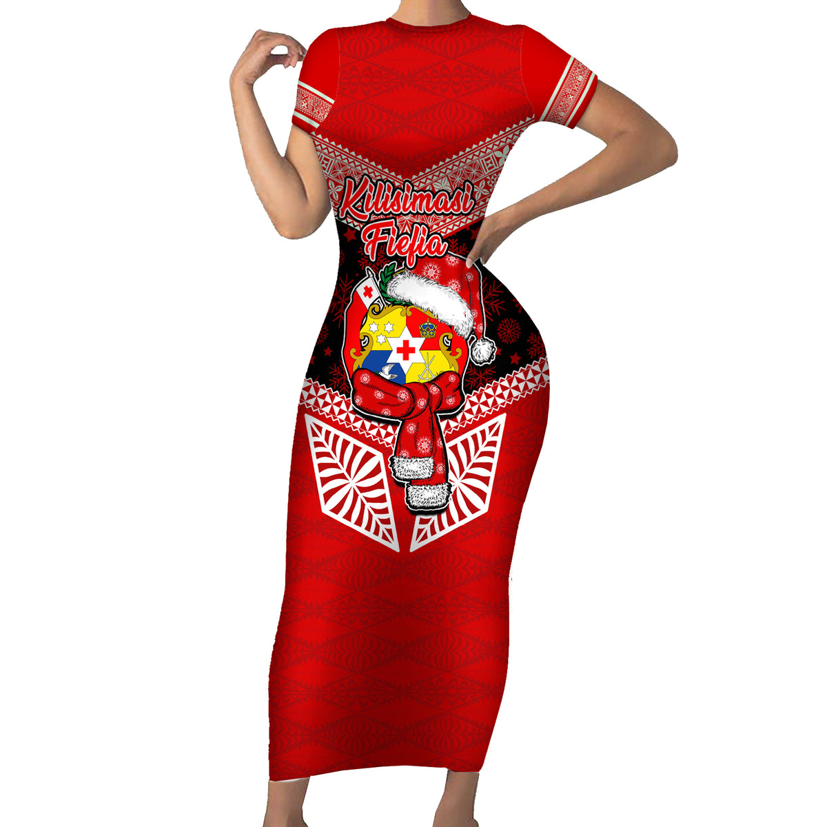 Tonga Christmas Short Sleeve Bodycon Dress Tongan Coat of Arms Santa With Ngatu Pattern Christmas Red Style LT03 Long Dress Red - Polynesian Pride