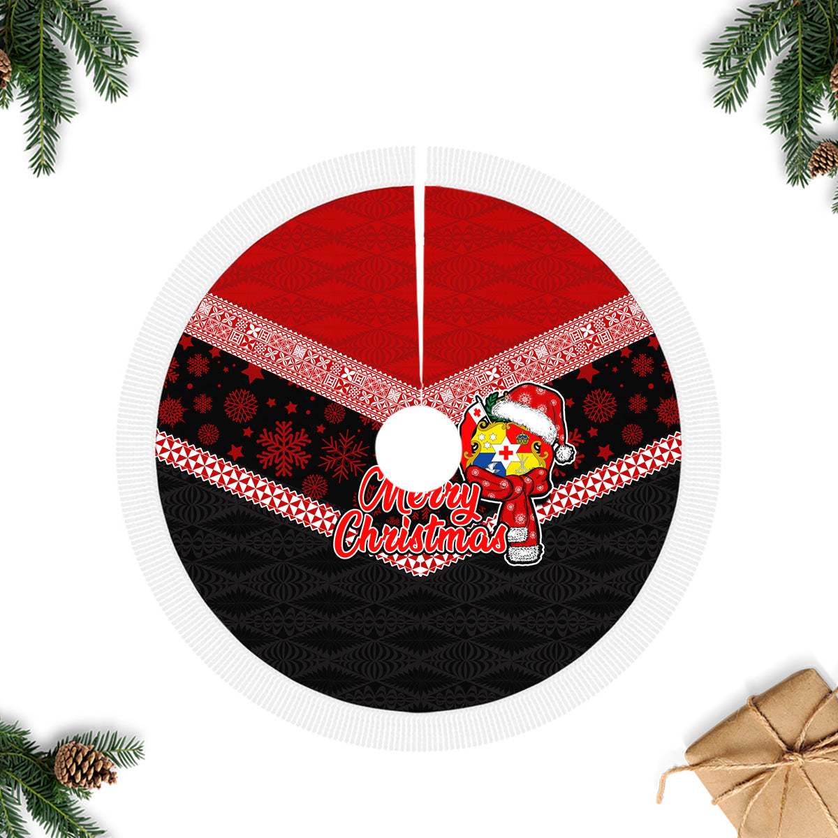 Tonga Christmas Tree Skirt Tonga Coat of Arms with Seamless Tapa Ngatu Pattern Xmas Red Style LT03 - Polynesian Pride