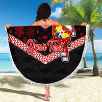 Personalised Tonga Christmas Beach Blanket Tongan Coat of Arms Santa With Ngatu Pattern Christmas Red Style LT03 - Wonder Print Shop