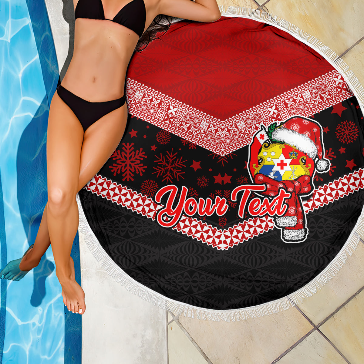 Personalised Tonga Christmas Beach Blanket Tongan Coat of Arms Santa With Ngatu Pattern Christmas Red Style LT03 - Wonder Print Shop