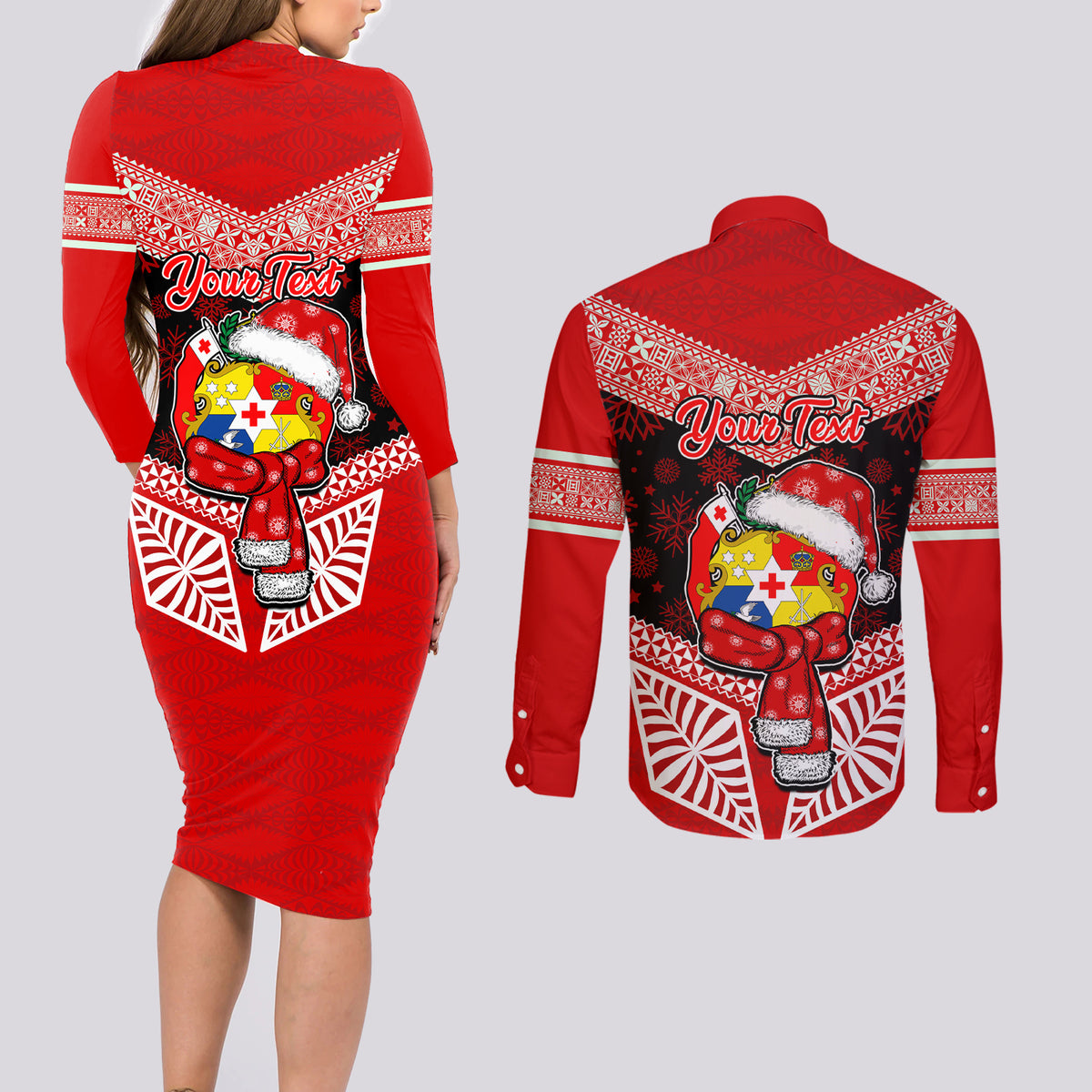 Personalised Tonga Christmas Couples Matching Long Sleeve Bodycon Dress and Long Sleeve Button Shirts Tongan Coat of Arms Santa With Ngatu Pattern Christmas Red Style LT03 - Polynesian Pride