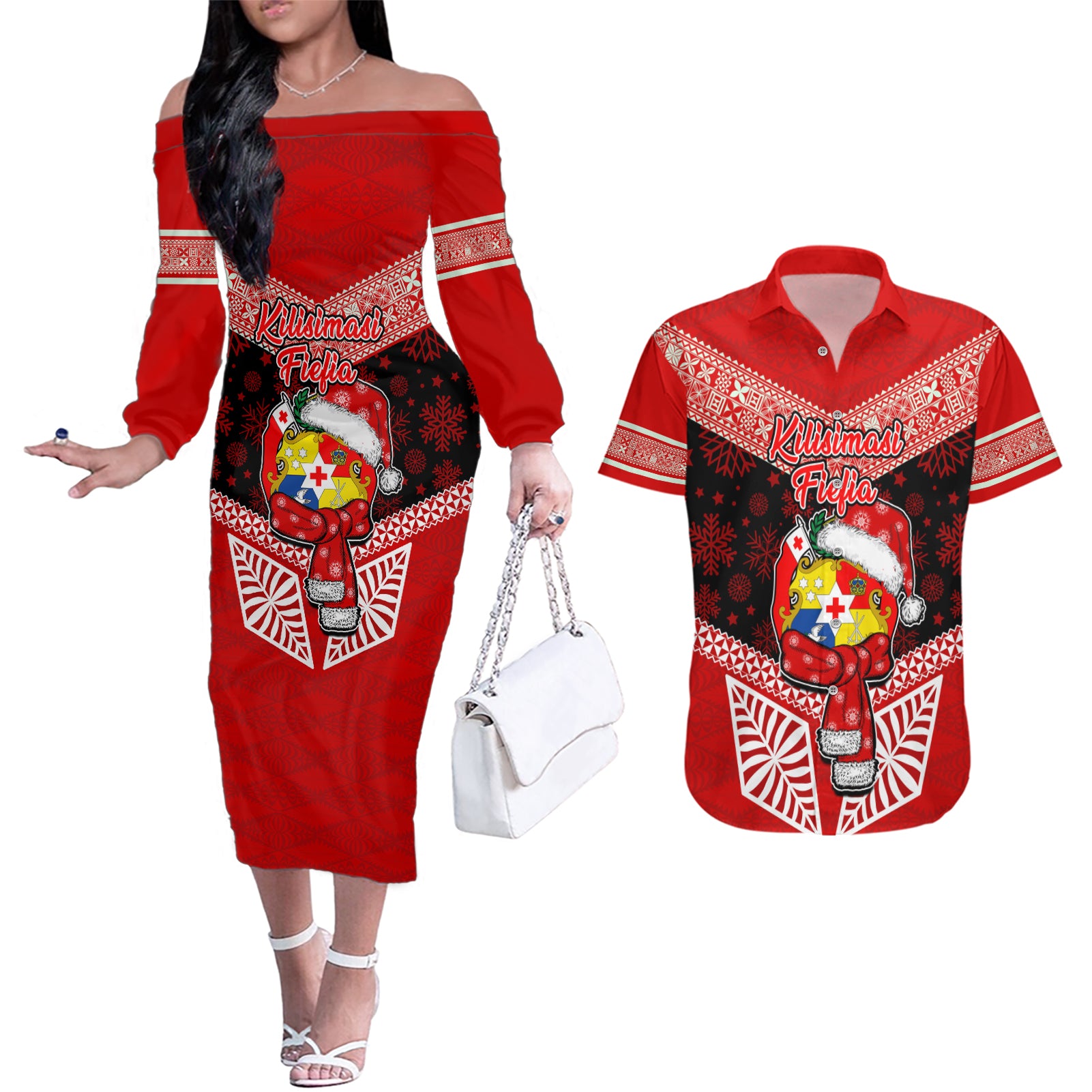 Personalised Tonga Christmas Couples Matching Off The Shoulder Long Sleeve Dress and Hawaiian Shirt Tongan Coat of Arms Santa With Ngatu Pattern Christmas Red Style LT03 Red - Polynesian Pride