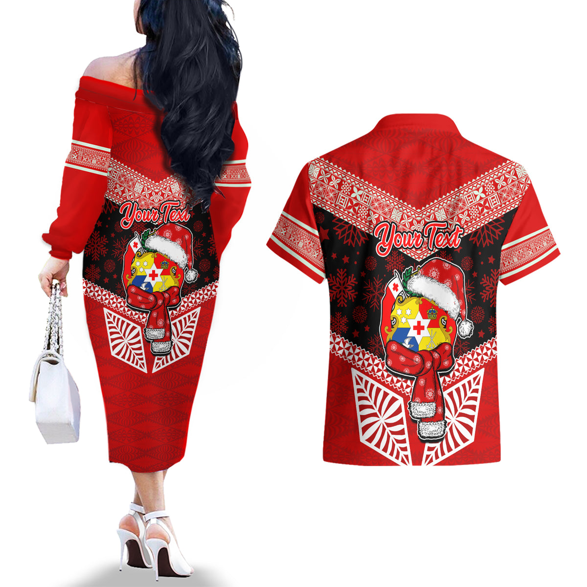 Personalised Tonga Christmas Couples Matching Off The Shoulder Long Sleeve Dress and Hawaiian Shirt Tongan Coat of Arms Santa With Ngatu Pattern Christmas Red Style LT03 - Polynesian Pride