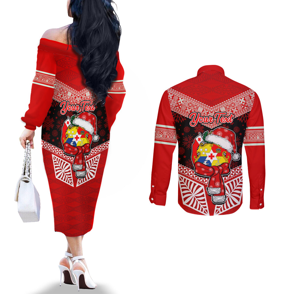 Personalised Tonga Christmas Couples Matching Off The Shoulder Long Sleeve Dress and Long Sleeve Button Shirts Tongan Coat of Arms Santa With Ngatu Pattern Christmas Red Style LT03 - Polynesian Pride