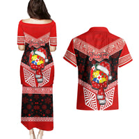 Personalised Tonga Christmas Couples Matching Puletasi Dress and Hawaiian Shirt Tongan Coat of Arms Santa With Ngatu Pattern Christmas Red Style LT03 - Polynesian Pride