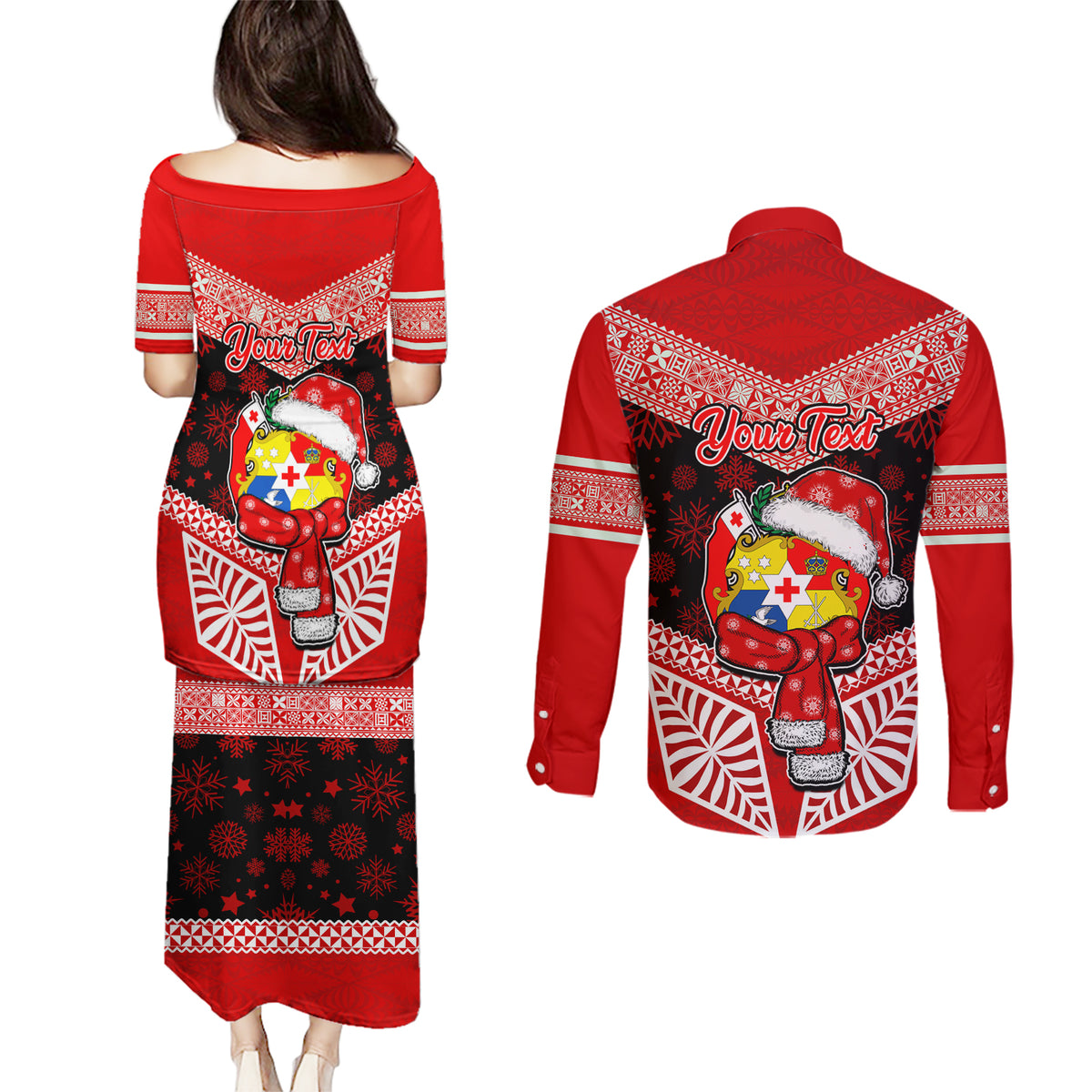 Personalised Tonga Christmas Couples Matching Puletasi Dress and Long Sleeve Button Shirts Tongan Coat of Arms Santa With Ngatu Pattern Christmas Red Style LT03 - Polynesian Pride