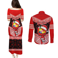 Personalised Tonga Christmas Couples Matching Puletasi Dress and Long Sleeve Button Shirts Tongan Coat of Arms Santa With Ngatu Pattern Christmas Red Style LT03 - Polynesian Pride