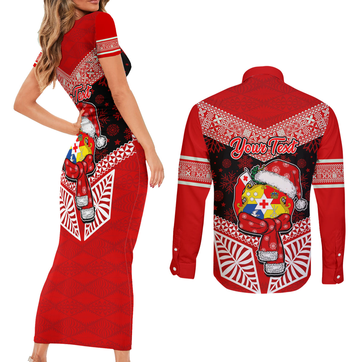 Personalised Tonga Christmas Couples Matching Short Sleeve Bodycon Dress and Long Sleeve Button Shirts Tongan Coat of Arms Santa With Ngatu Pattern Christmas Red Style LT03 - Polynesian Pride