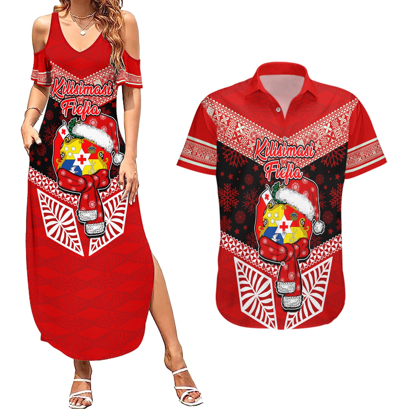 Personalised Tonga Christmas Couples Matching Summer Maxi Dress and Hawaiian Shirt Tongan Coat of Arms Santa With Ngatu Pattern Christmas Red Style LT03 Red - Polynesian Pride