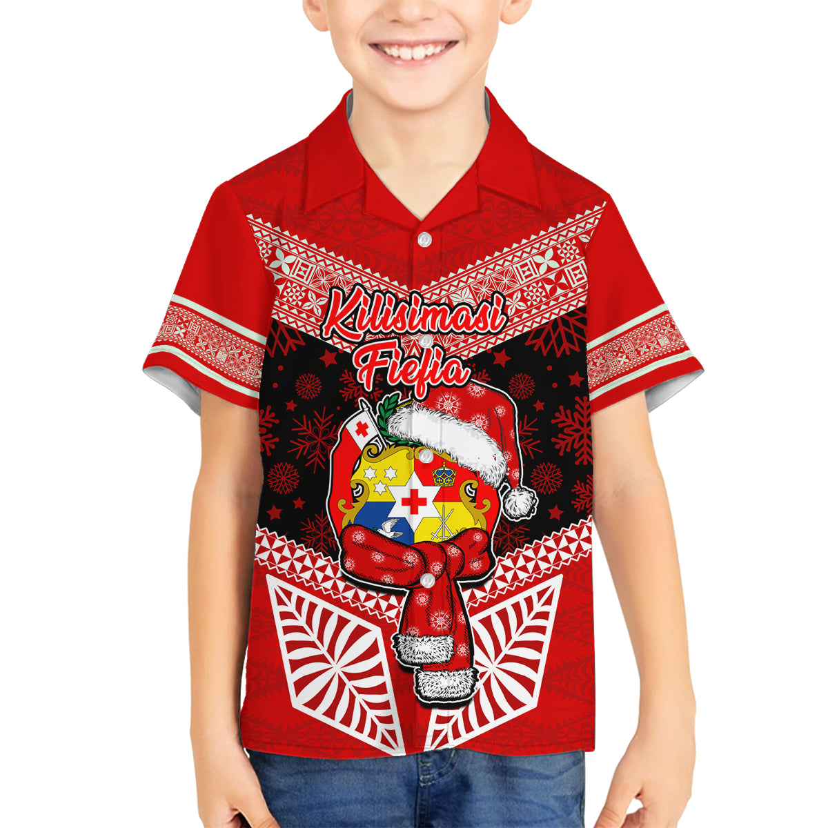 Personalised Tonga Christmas Family Matching Long Sleeve Bodycon Dress and Hawaiian Shirt Tongan Coat of Arms Santa With Ngatu Pattern Christmas Red Style LT03 Son's Shirt Red - Polynesian Pride