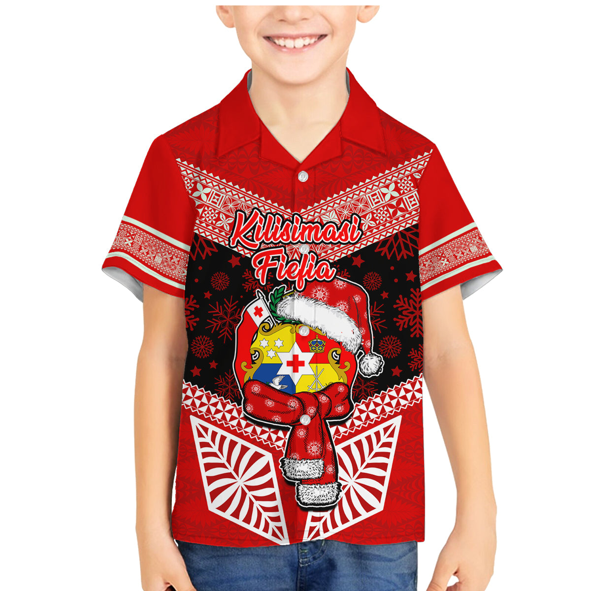 Personalised Tonga Christmas Family Matching Mermaid Dress and Hawaiian Shirt Tongan Coat of Arms Santa With Ngatu Pattern Christmas Red Style LT03 Son's Shirt Red - Polynesian Pride
