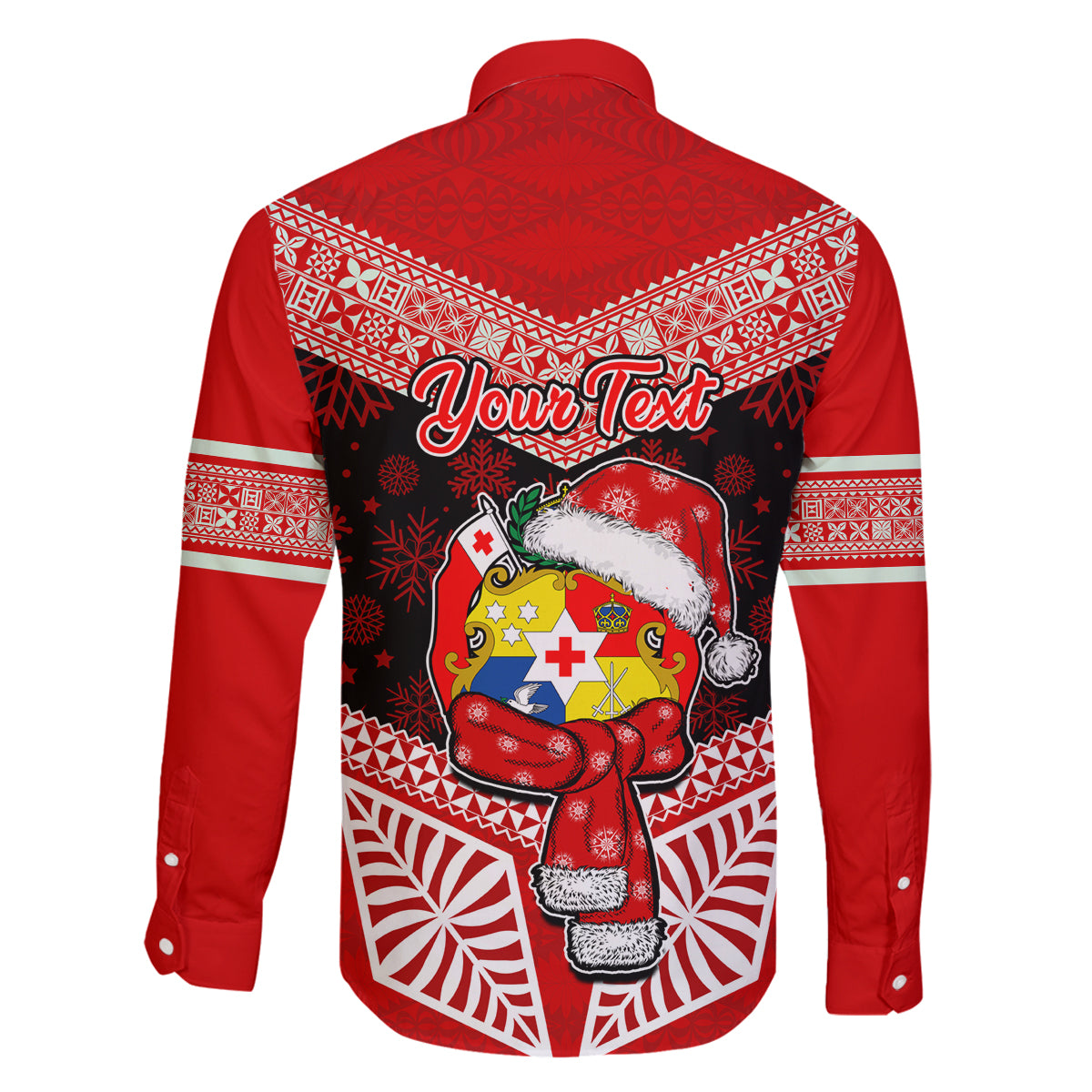 Personalised Tonga Christmas Family Matching Off Shoulder Long Sleeve Dress and Hawaiian Shirt Tongan Coat of Arms Santa With Ngatu Pattern Christmas Red Style LT03 - Polynesian Pride