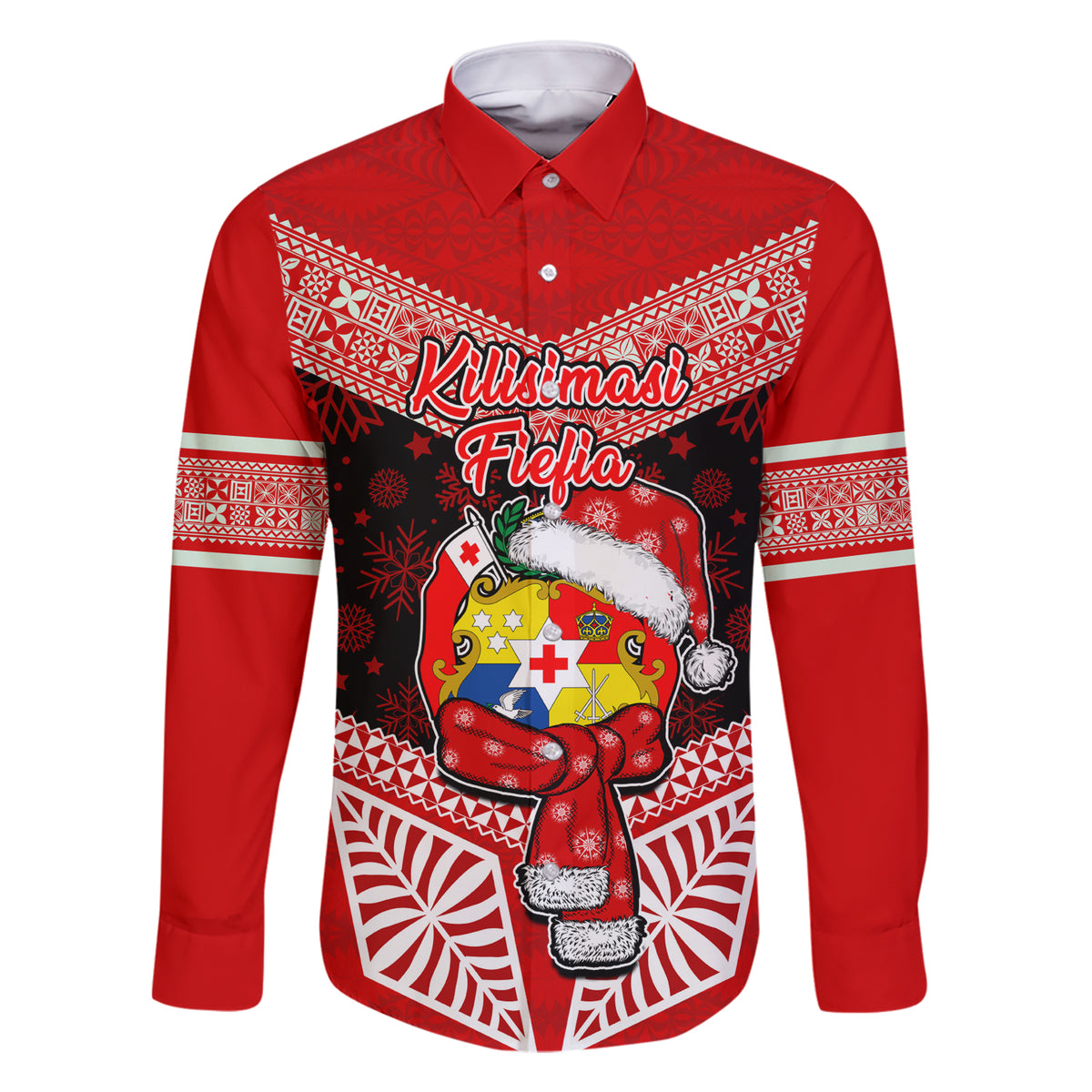 Personalised Tonga Christmas Family Matching Short Sleeve Bodycon Dress and Hawaiian Shirt Tongan Coat of Arms Santa With Ngatu Pattern Christmas Red Style LT03 Dad's Shirt - Long Sleeve Red - Polynesian Pride