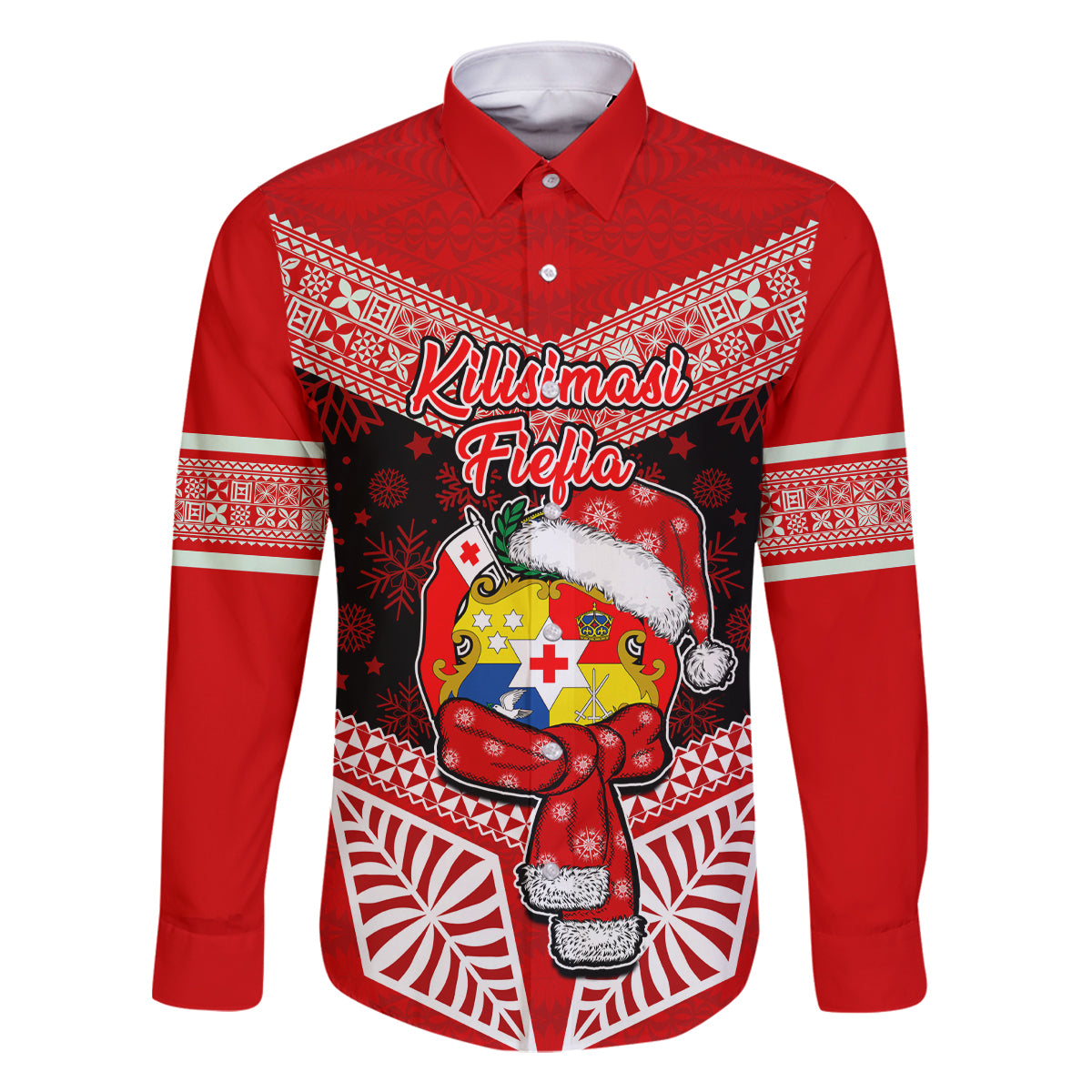Personalised Tonga Christmas Family Matching Summer Maxi Dress and Hawaiian Shirt Tongan Coat of Arms Santa With Ngatu Pattern Christmas Red Style LT03 Dad's Shirt - Long Sleeve Red - Polynesian Pride