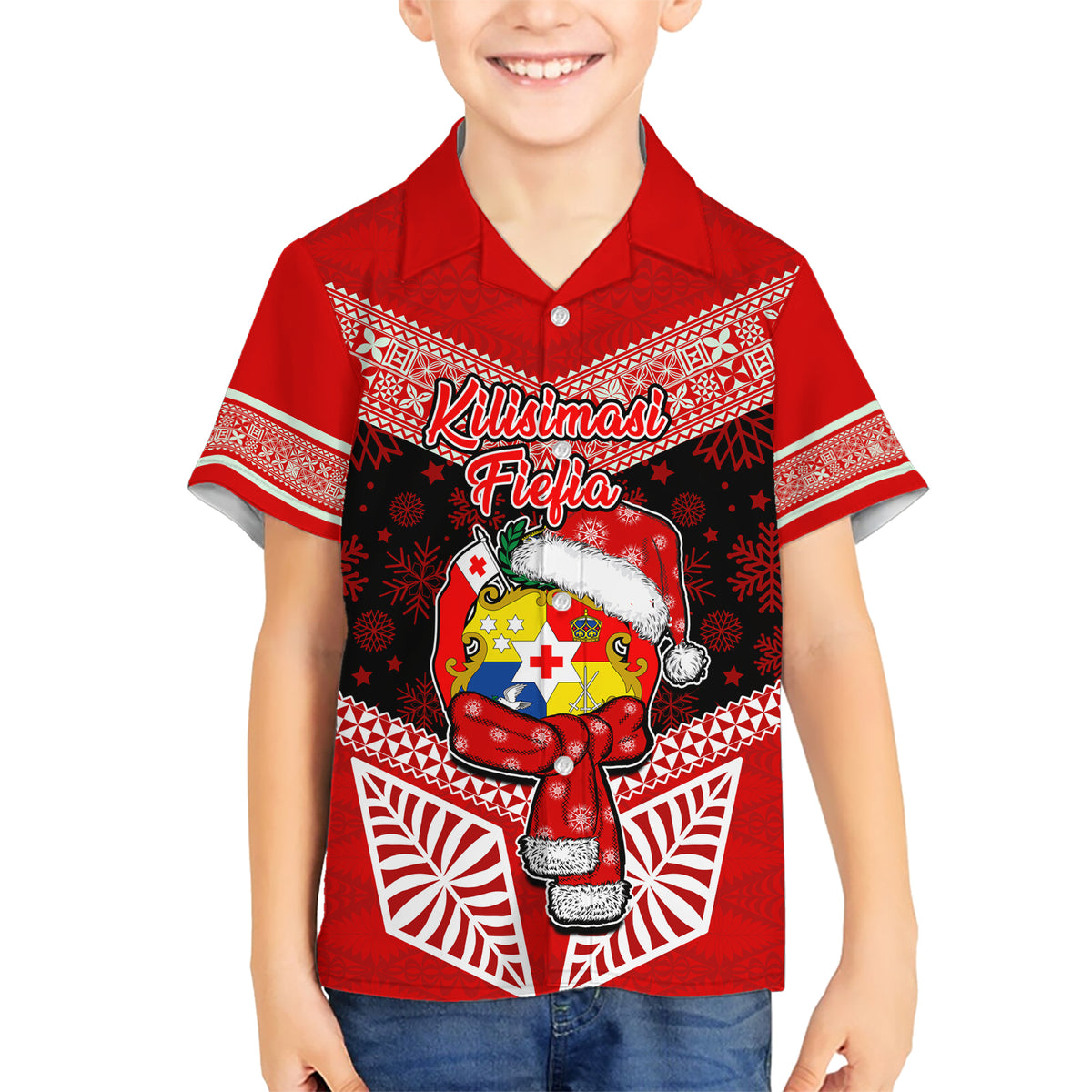 Personalised Tonga Christmas Hawaiian Shirt Tongan Coat of Arms Santa With Ngatu Pattern Christmas Red Style LT03 - Polynesian Pride