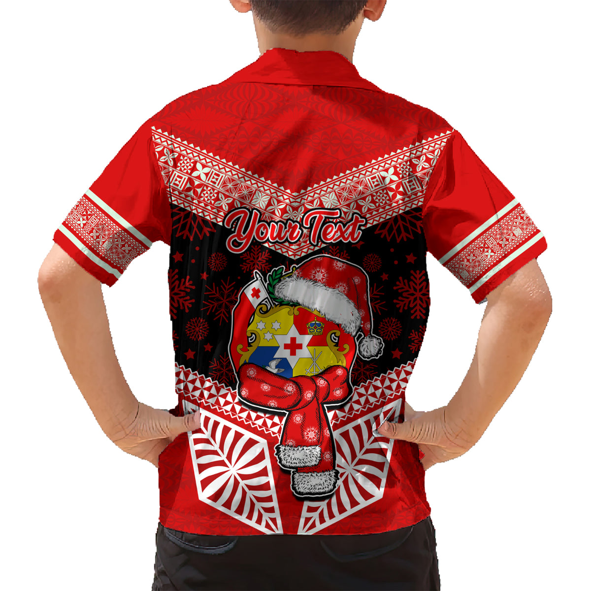 Personalised Tonga Christmas Kid Hawaiian Shirt Tongan Coat of Arms Santa With Ngatu Pattern Christmas Red Style LT03 - Polynesian Pride