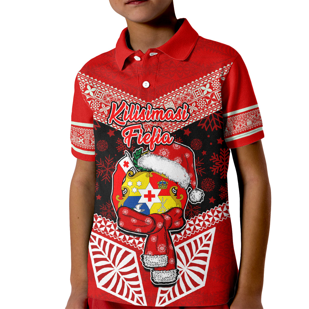 Personalised Tonga Christmas Kid Polo Shirt Tongan Coat of Arms Santa With Ngatu Pattern Christmas Red Style LT03 Kid Red - Polynesian Pride
