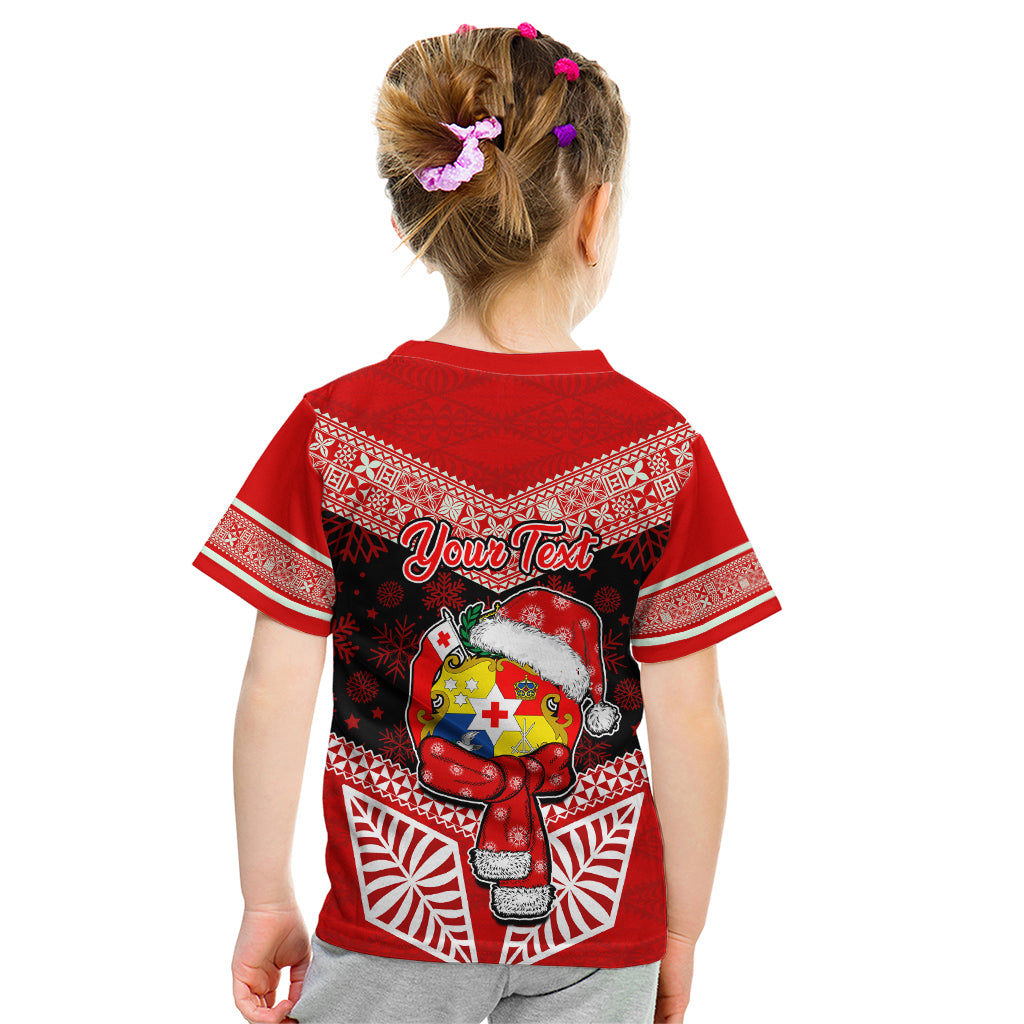 Personalised Tonga Christmas Kid T Shirt Tongan Coat of Arms Santa With Ngatu Pattern Christmas Red Style LT03 - Polynesian Pride