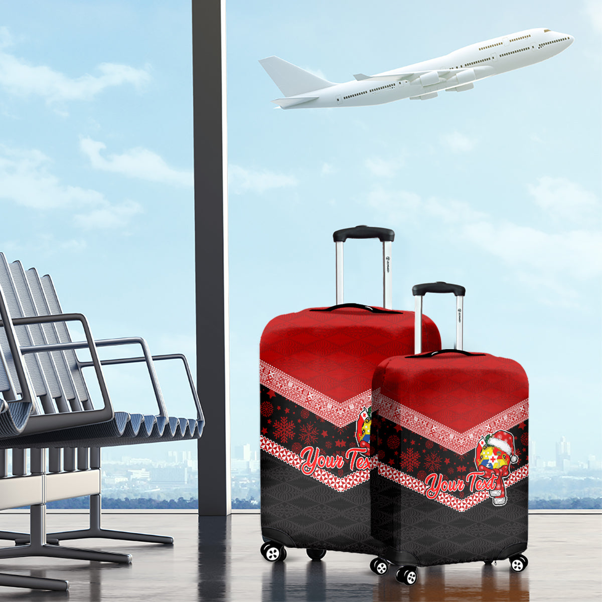 Personalised Tonga Christmas Luggage Cover Tongan Coat of Arms Santa With Ngatu Pattern Christmas Red Style LT03 - Polynesian Pride