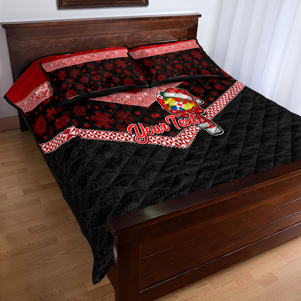 Personalised Tonga Christmas Quilt Bed Set Tongan Coat of Arms Santa With Ngatu Pattern Christmas Red Style LT03 - Polynesian Pride