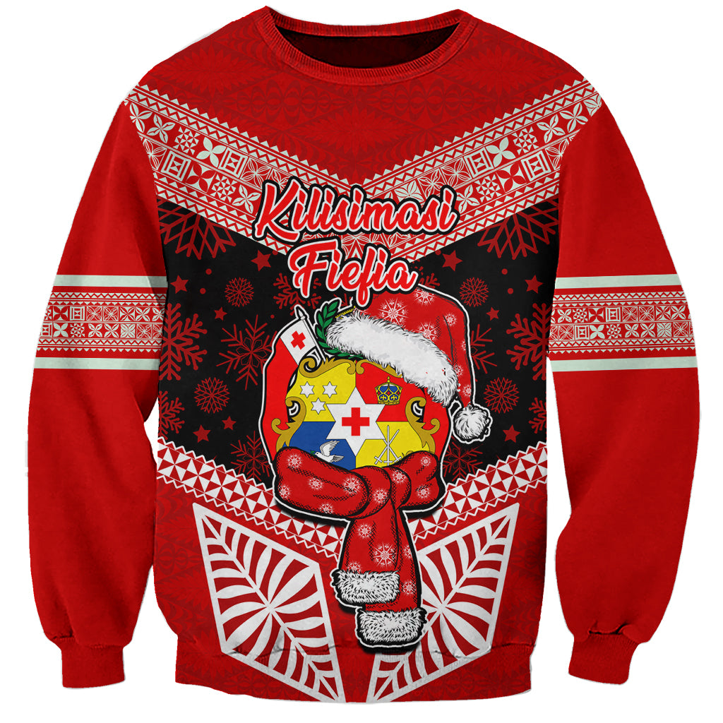 Personalised Tonga Christmas Sweatshirt Tongan Coat of Arms Santa With Ngatu Pattern Christmas Red Style LT03 Unisex Red - Polynesian Pride