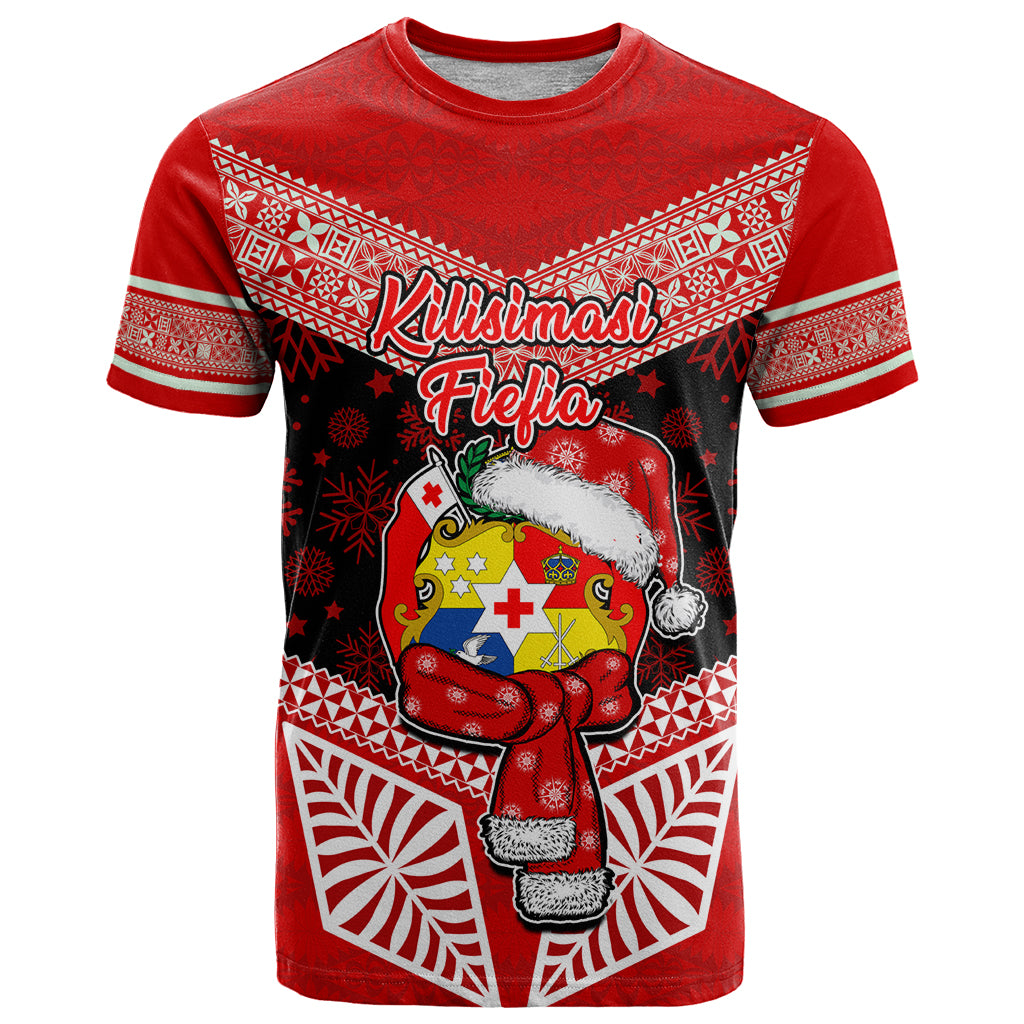 Personalised Tonga Christmas T Shirt Tongan Coat of Arms Santa With Ngatu Pattern Christmas Red Style LT03 Red - Polynesian Pride