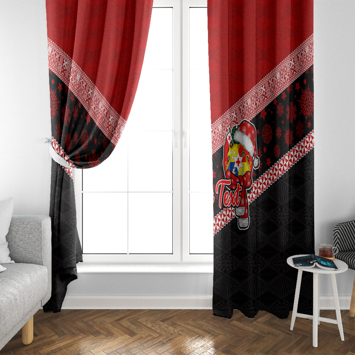 Personalised Tonga Christmas Window Curtain Tongan Coat of Arms Santa With Ngatu Pattern Christmas Red Style LT03 - Polynesian Pride