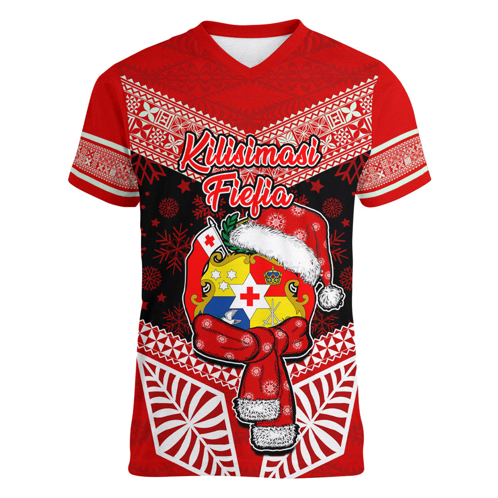 Personalised Tonga Christmas Women V Neck T Shirt Tongan Coat of Arms Santa With Ngatu Pattern Christmas Red Style LT03 Female Red - Polynesian Pride