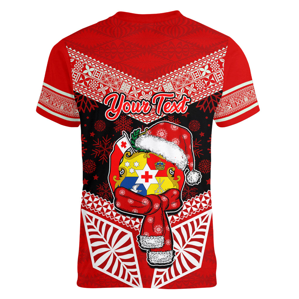 Personalised Tonga Christmas Women V Neck T Shirt Tongan Coat of Arms Santa With Ngatu Pattern Christmas Red Style LT03 - Polynesian Pride