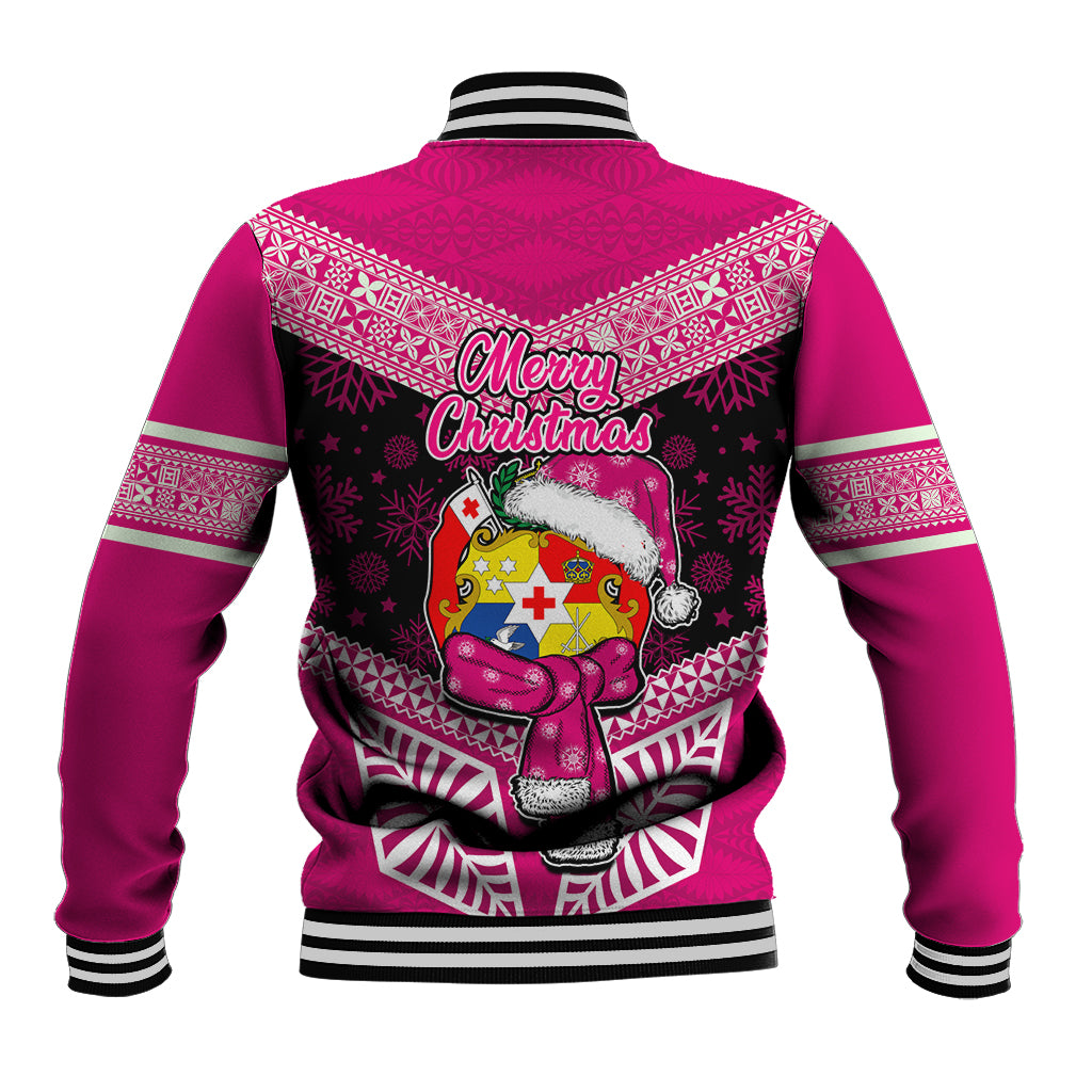 Tonga Christmas Baseball Jacket Tongan Coat of Arms Santa With Ngatu Pattern Christmas Pink Style LT03 - Polynesian Pride