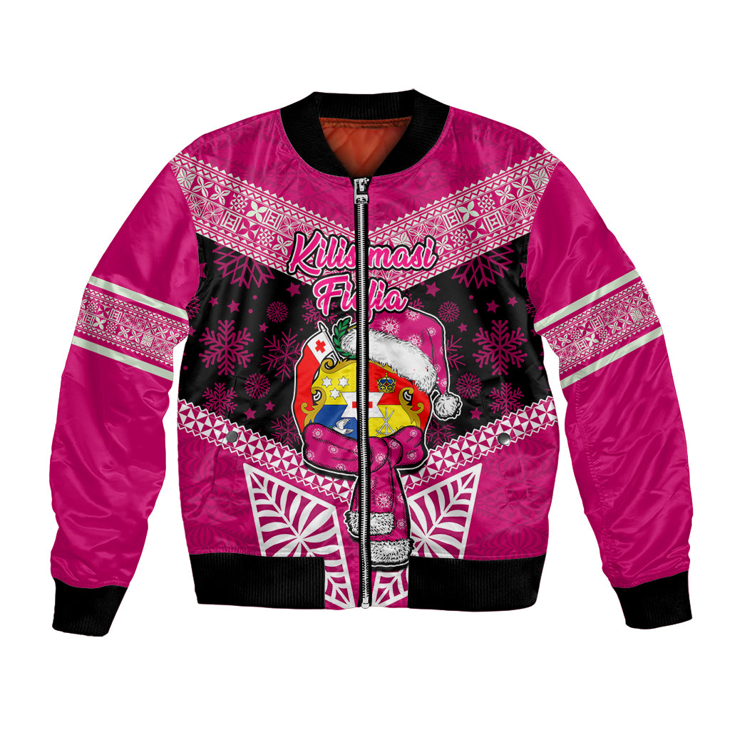 Tonga Christmas Bomber Jacket Tongan Coat of Arms Santa With Ngatu Pattern Christmas Pink Style LT03 Unisex Pink - Polynesian Pride