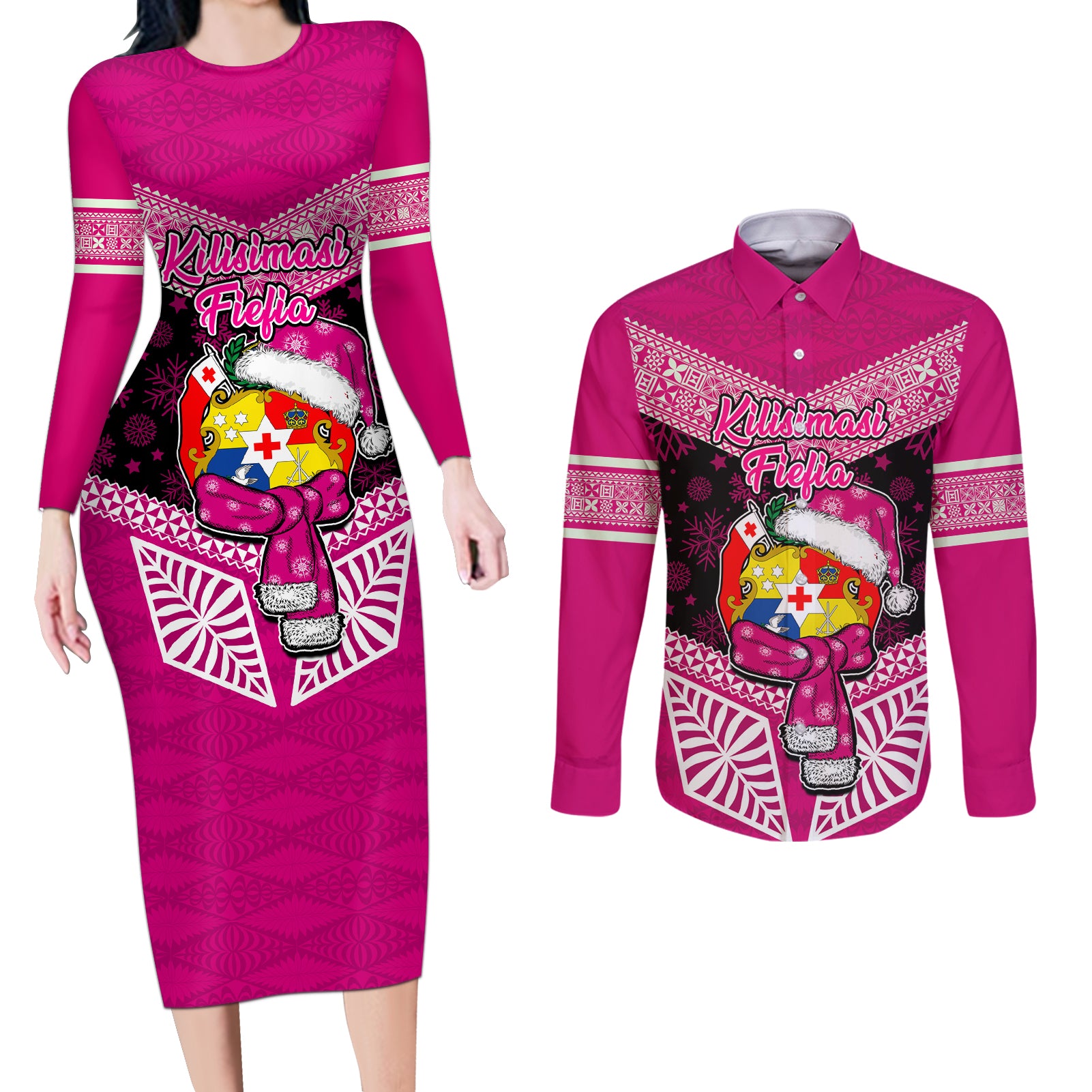 Tonga Christmas Couples Matching Long Sleeve Bodycon Dress and Long Sleeve Button Shirts Tongan Coat of Arms Santa With Ngatu Pattern Christmas Pink Style LT03 Pink - Polynesian Pride
