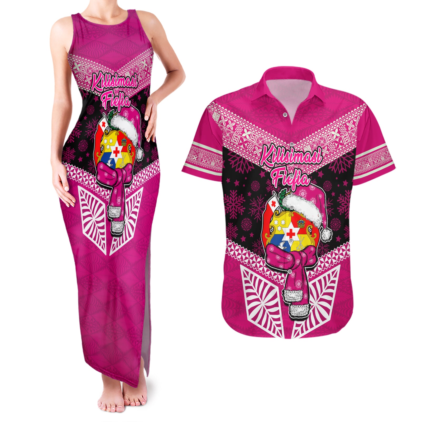 Tonga Christmas Couples Matching Tank Maxi Dress and Hawaiian Shirt Tongan Coat of Arms Santa With Ngatu Pattern Christmas Pink Style LT03 Pink - Polynesian Pride