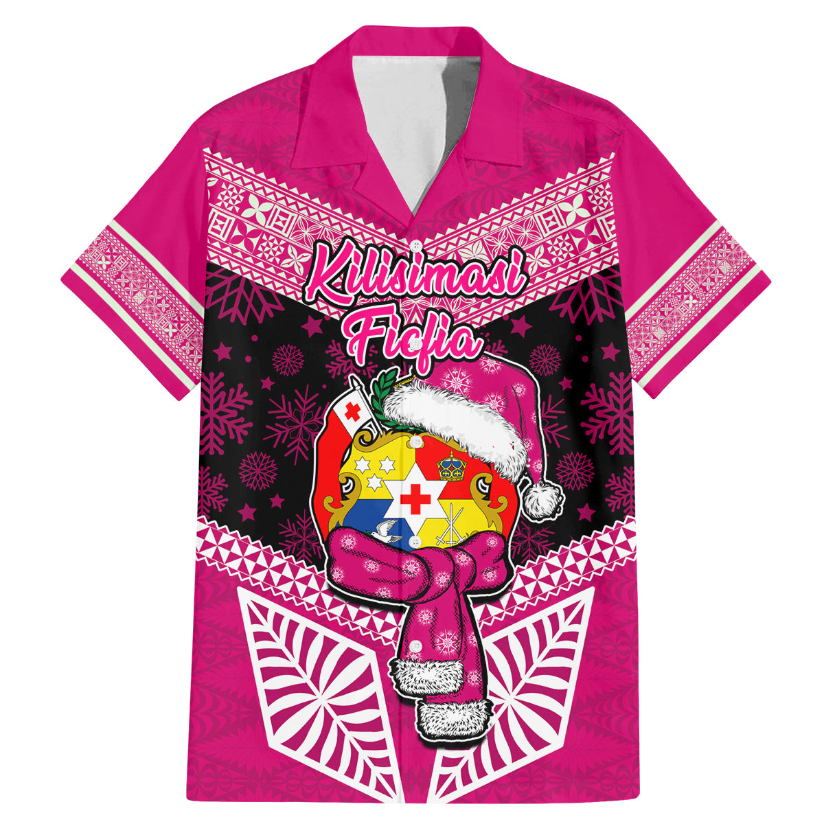 Tonga Christmas Family Matching Mermaid Dress and Hawaiian Shirt Tongan Coat of Arms Santa With Ngatu Pattern Christmas Pink Style LT03 Dad's Shirt - Short Sleeve Pink - Polynesian Pride