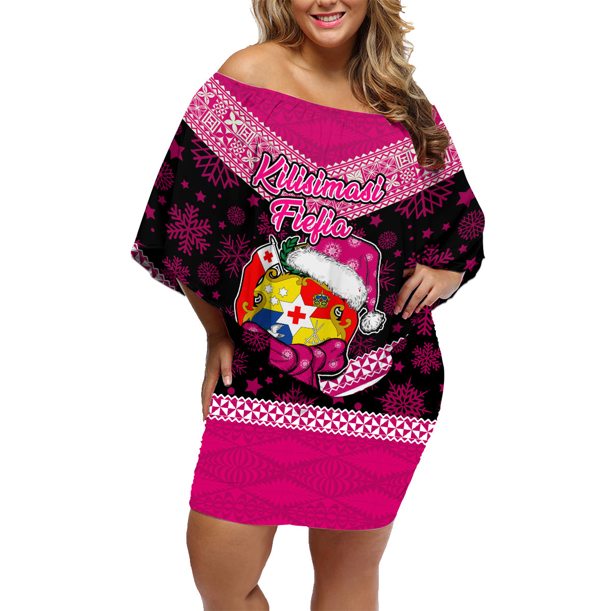 Tonga Christmas Family Matching Off Shoulder Short Dress and Hawaiian Shirt Tongan Coat of Arms Santa With Ngatu Pattern Christmas Pink Style LT03 Mom's Dress Pink - Polynesian Pride