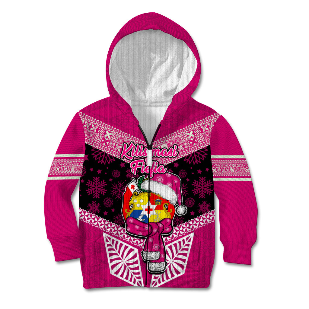 Tonga Christmas Kid Hoodie Tongan Coat of Arms Santa With Ngatu Pattern Christmas Pink Style LT03 Zip Hoodie Pink - Polynesian Pride