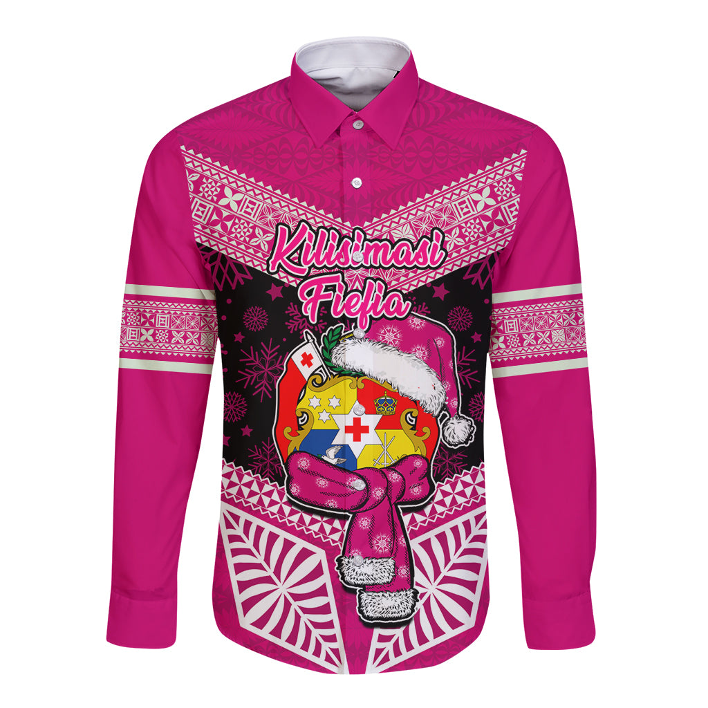 Tonga Christmas Long Sleeve Button Shirt Tongan Coat of Arms Santa With Ngatu Pattern Christmas Pink Style LT03 Unisex Pink - Polynesian Pride