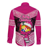 Tonga Christmas Long Sleeve Button Shirt Tongan Coat of Arms Santa With Ngatu Pattern Christmas Pink Style LT03 - Polynesian Pride