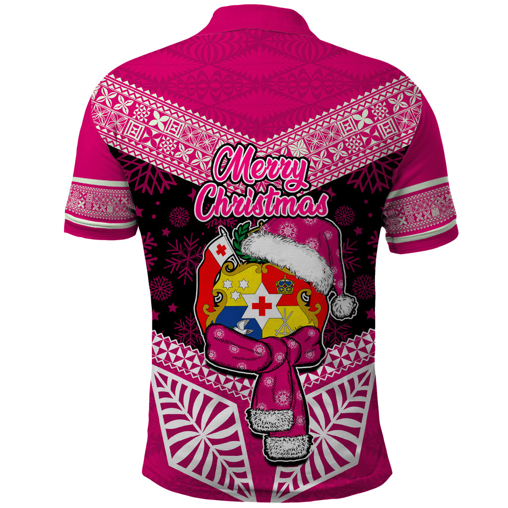 Tonga Christmas Polo Shirt Tongan Coat of Arms Santa With Ngatu Pattern Christmas Pink Style LT03 - Polynesian Pride