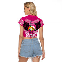 Tonga Christmas Raglan Cropped T Shirt Tongan Coat of Arms Santa With Ngatu Pattern Christmas Pink Style LT03 - Polynesian Pride