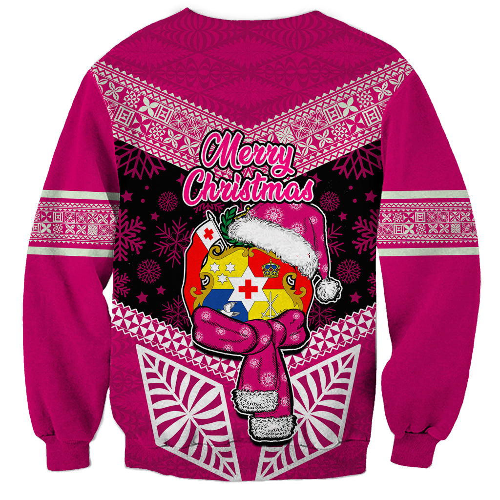 Tonga Christmas Sweatshirt Tongan Coat of Arms Santa With Ngatu Pattern Christmas Pink Style LT03 - Polynesian Pride