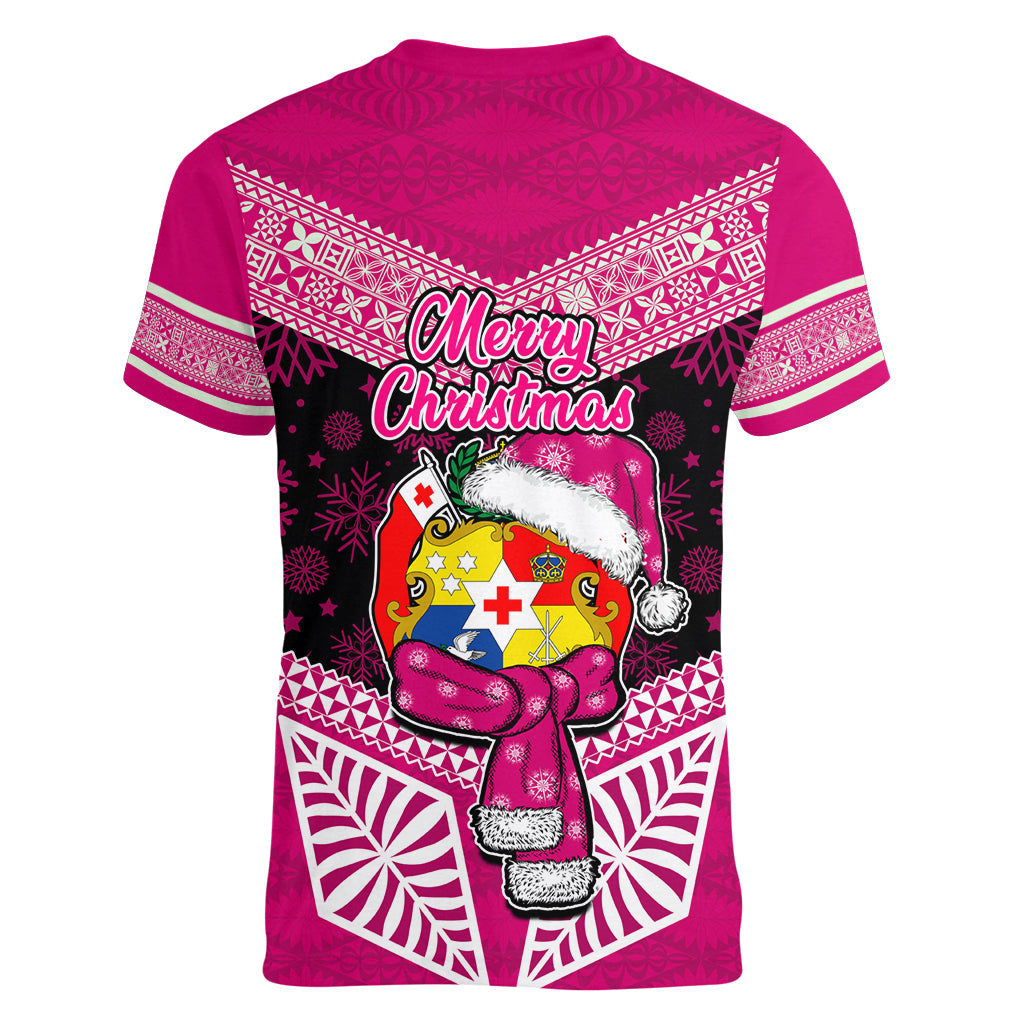 Tonga Christmas Women V Neck T Shirt Tongan Coat of Arms Santa With Ngatu Pattern Christmas Pink Style LT03 - Polynesian Pride