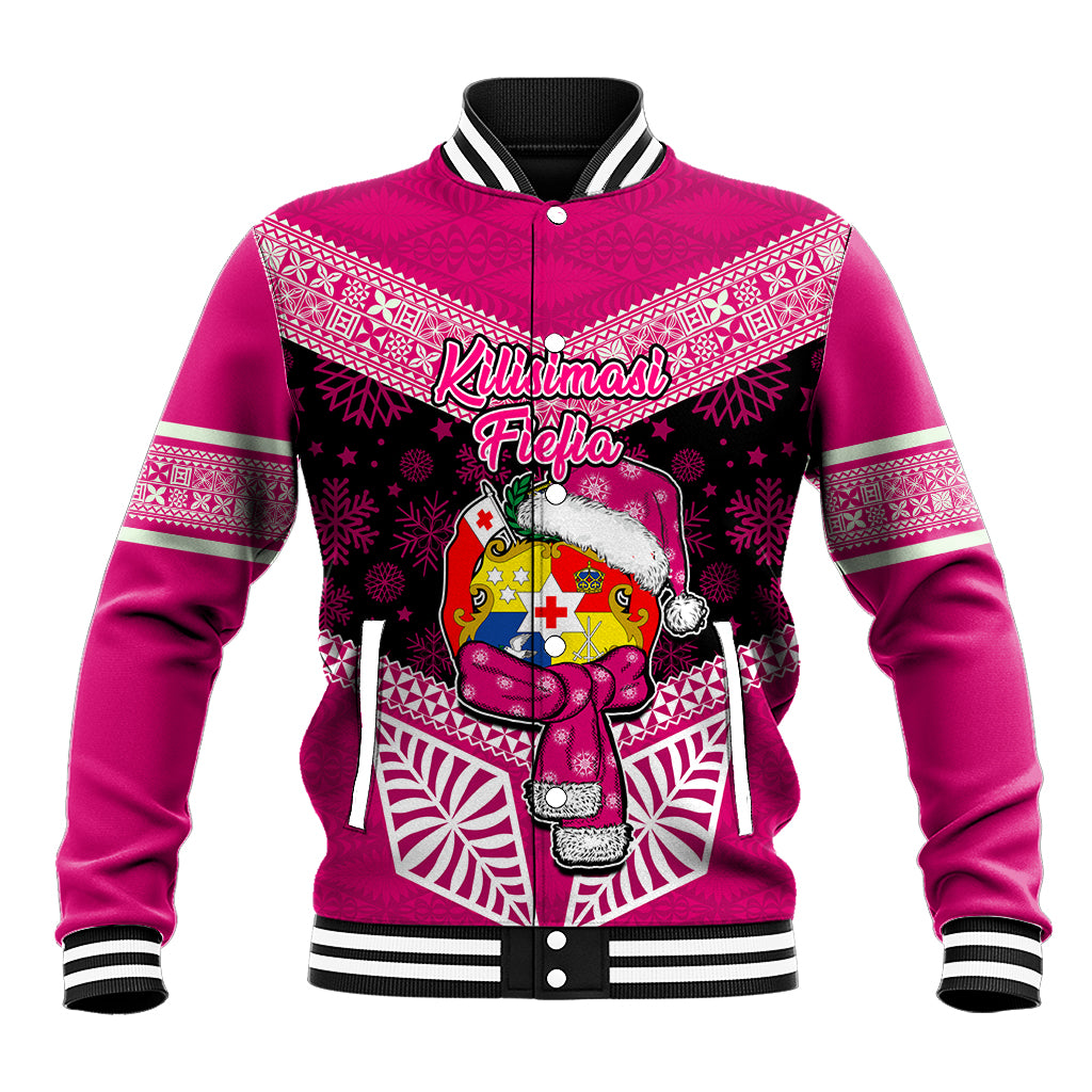 Personalised Tonga Christmas Baseball Jacket Tongan Coat of Arms Santa With Ngatu Pattern Christmas Pink Style LT03 Unisex Pink - Polynesian Pride