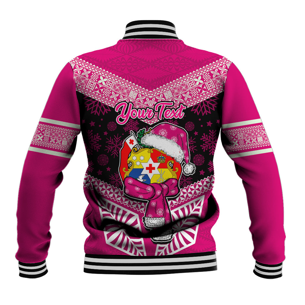 Personalised Tonga Christmas Baseball Jacket Tongan Coat of Arms Santa With Ngatu Pattern Christmas Pink Style LT03 - Polynesian Pride