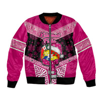 Personalised Tonga Christmas Bomber Jacket Tongan Coat of Arms Santa With Ngatu Pattern Christmas Pink Style LT03 Unisex Pink - Polynesian Pride